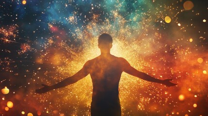 Aufkleber - Vibrant silhouette of a man with a colorful explosion of light in the background during a peaceful evening setting