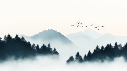 Poster - Birds are flying over a misty valley with mountains partially covered by fog and an evergreen forest partially covered by clouds in a minimalist, blue toned image