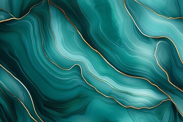 Poster - An abstract artwork featuring fluid teal tones intertwined with golden lines, creating a serene and elegant composition perfect for backgrounds and design projects.