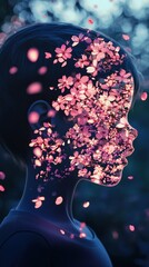 Aufkleber - Surreal visualization of a child's silhouette adorned with blossoming flowers in a dreamy twilight