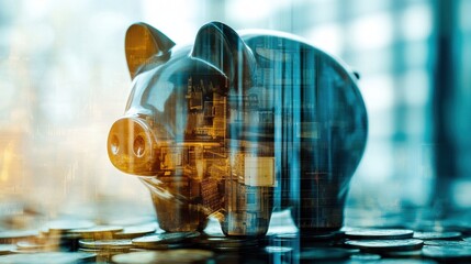 Poster - Symbolic double exposure illustrating the concept of saving money with a piggy bank and urban financial elements