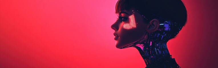 Poster - Surreal representation of a glowing woman against a vivid backdrop emphasizing the fusion of technology and femininity