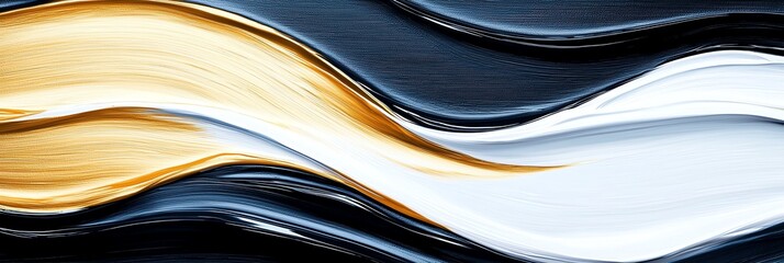 Poster - An abstract blend of black, white, and gold paint, creating a dynamic flow of colors. Perfect for artistic projects, backgrounds, and modern design inspirations.