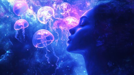 Aufkleber - Surreal representation of a glowing woman surrounded by ethereal jellyfish in a dreamlike underwater space