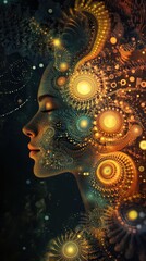 Poster - Surreal depiction of a glowing woman surrounded by vibrant spirals and luminous patterns in a dreamlike setting