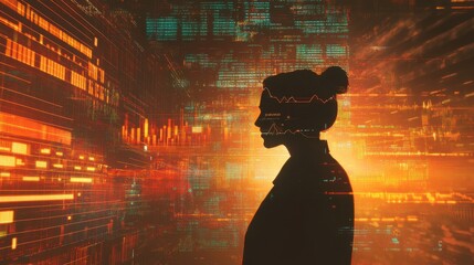 Poster - Silhouette of a trader against a backdrop of vibrant market data visuals at dusk