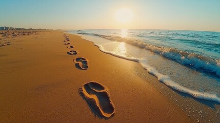 Canvas Print - Sunrise beach footprints, ocean waves, coastal town background; travel, peace