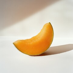 Poster - Ripe cantaloupe wedge with juicy orange flesh sitting on a clean surface illuminated by soft light