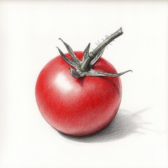 Poster - Detailed drawing of a single cherry tomato with a stem on a clean background showcasing bright red color and natural texture