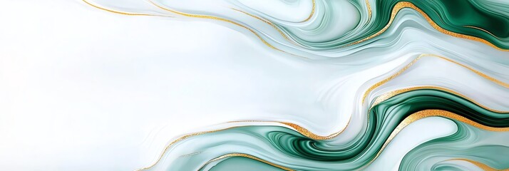 Poster - An abstract design showcasing fluid lines in shades of green and gold, perfect for backgrounds or creative projects. The elegant flow creates a sense of calm and sophistication.