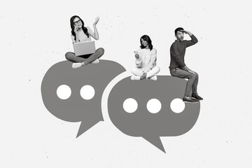 Poster - Creative photo collage illustration of young modern people guy girls chatting in messenger social media isolated on white color background