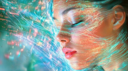 Poster - Woman's face harmonizes with vibrant digital light patterns creating a surreal atmosphere in a tranquil setting