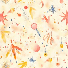 Poster - Vibrant watercolor doodle showcasing playful elements in a cheerful pattern