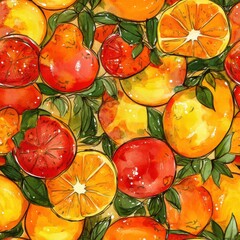 Poster - Colorful watercolor doodle of assorted fruits with vibrant oranges and reds in a lively arrangement