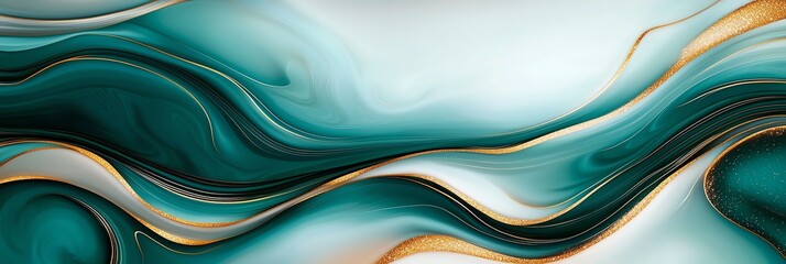 Poster - An abstract representation of flowing waves in teal and gold tones, perfect for backgrounds, design elements, and creative projects that need a modern aesthetic.