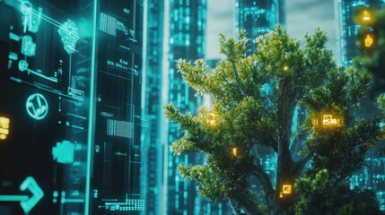 Poster - Eco-conscious design integrates nature with technology in a futuristic urban environment