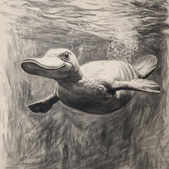 Poster - Platypus swimming gracefully underwater in a serene aquatic environment during daylight