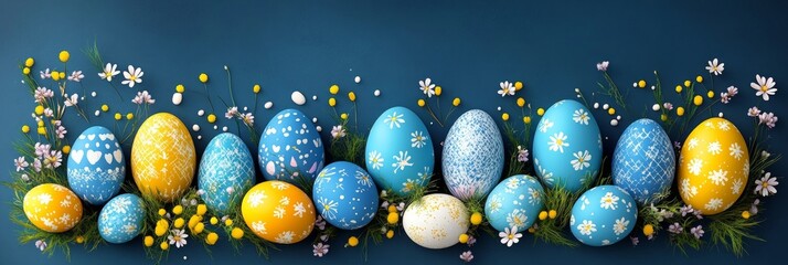 Canvas Print - Easter background with brightly colored eggs, flowers, and vibrant greenery arranged, close-up.