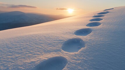 Canvas Print - Sunset footprints snow mountain landscape