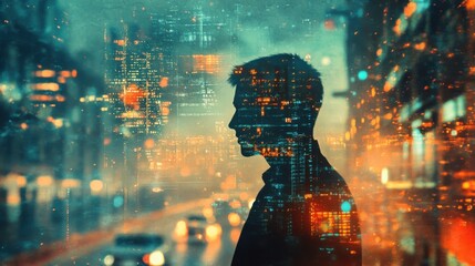 Leinwandbilder - Mystical silhouette of a man against a vibrant cityscape filled with glowing lights and abstract reflections