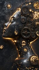 Aufkleber - Mystical profile of a woman adorned with intricate gears and glowing elements in a dark, abstract background