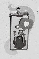 Poster - Photo collage artwork minimal picture of funny couple getting instagram twitter telegram facebook likes isolated drawing background