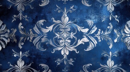 Poster - Luxurious grunge-inspired background featuring intricate silver floral patterns on a deep blue backdrop
