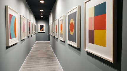 Aufkleber - Hallway adorned with modern framed art showcasing bold colors and geometric designs in a contemporary setting