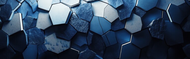 Poster - High-tech abstract composition showcasing interlocking hexagonal shapes in a gradient of blue tones