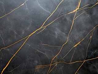 Poster - Elegant black marble surface featuring striking gold veins. Perfect for backgrounds in design, architecture, and interior decoration projects. A blend of luxury and sophistication.