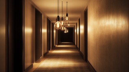 Leinwandbilder - Stylish hallway illuminated by a row of suspended Edison bulbs creating a warm and inviting atmosphere