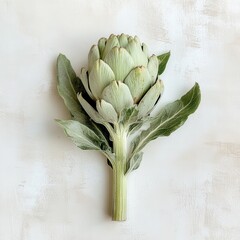Poster - Fresh green artichoke with closed petals resting on a light, textured surface in natural light