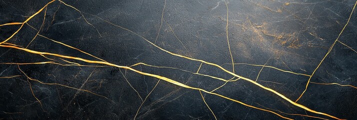 Poster - Black and gold marble surface with striking golden veins against a dark background, perfect for showcasing elegance in interior design and architectural elements.