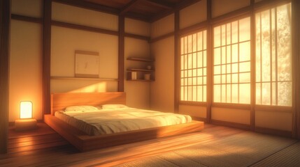 Wall Mural - Serene Japanese-style bedroom with sunrise.