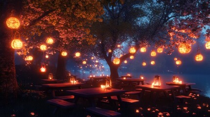Poster - Creative composition of picnic tables illuminated by lanterns beside a tranquil lake during dusk
