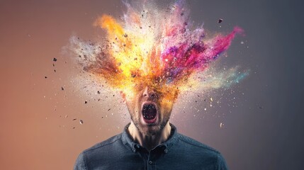 Aufkleber - Man experiencing information overload and burnout, symbolized by a colorful explosion erupting from his head, expressing the intense pressure and mental strain of excessive thinking and stress