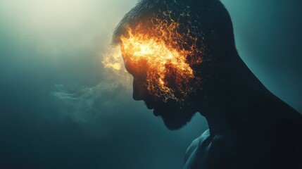 Poster - Man glowing with fire energy in a dark, misty environment representing inner strength and transformation at dusk
