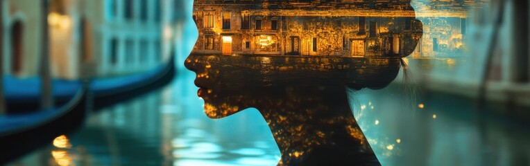 Aufkleber - Glowing woman with reflections of a tranquil canal at dusk showcasing beauty and serenity