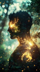 Poster - Glowing man surrounded by nature with mystical elements at dusk