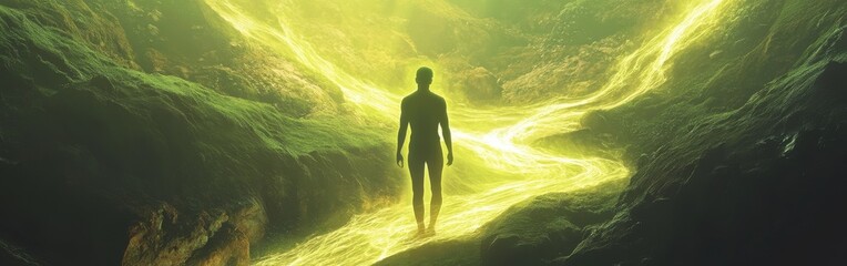 Poster - Man surrounded by glowing light in a mystical forest setting during twilight hours