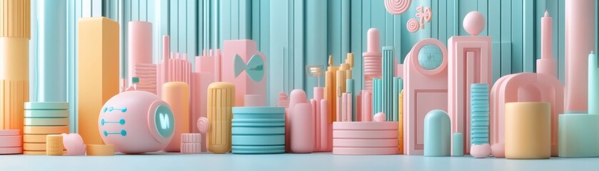 Poster - A colorful, stylized cityscape featuring pastel geometric shapes, creating a playful and modern aesthetic.