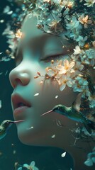 Poster - Child's face beautifully intertwined with flowers and hummingbirds in a dreamlike nature setting