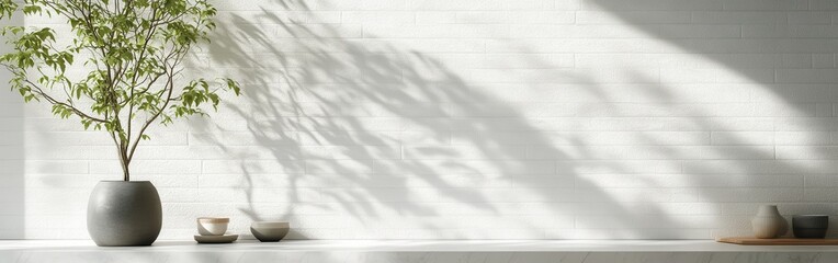 Aufkleber - Clean white brick wall with shadows and decorative plants creates a serene and modern atmosphere in an indoor space
