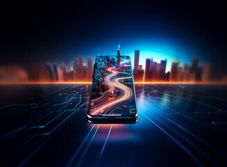 Leinwandbilder - a smartphone displays a vibrant city road at night, with glowing lights and a blurred cityscape back