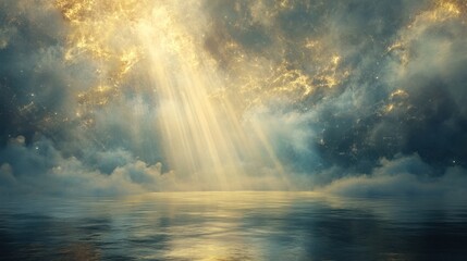 Poster - Celestial golden light illuminates soft clouds over a tranquil sea during twilight hours