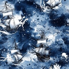 Leinwandbilder - Bold watercolor doodle of various sailing ships in a vibrant blue sea with splashes and swirling waves, capturing a sense of adventure and exploration