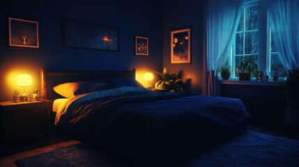 Aufkleber - Cozy bedroom with deep navy walls and soft bedding creates a relaxing atmosphere in evening light