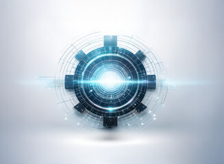 Poster - Futuristic abstract circle with geometric elements. Glowing bright light emanates from the center, suggesting modern technology and innovation.