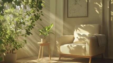 Poster - Scandinavian reading nook with natural light and indoor plants for a cozy reading experience
