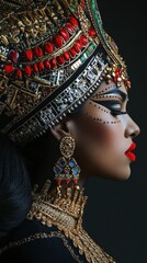 Poster - Stunning profile shot of a person adorned in intricate jewelry with a dramatic headdress showcasing cultural heritage